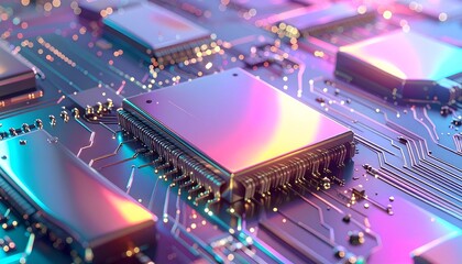 Close-up of a computer circuit board with various chips and electronic components