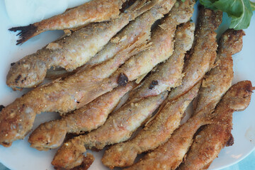 Fried fish served on a white plate at a seaside restaurant