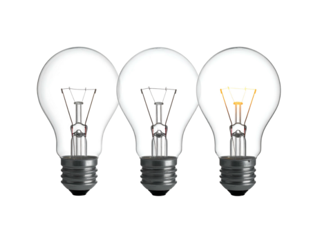 Three light bulbs, one lit, centered against a black backdrop, evoking a sense of illumination and contrast