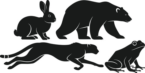 Animal silhouettes, rabbit, bear, cheetah, frog, wildlife icons, black shapes, running cheetah, sitting rabbit, nature symbols, vector illustration, isolated,  