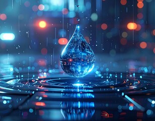 A glowing digital water droplet reflecting a high-tech, abstract environment