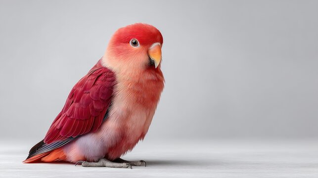 Close Up High Resolution Photo Of A Small Red Parrot With Vibrant Plumage And Orange Beak Sitting On A White Surface With A Soft Gray Background