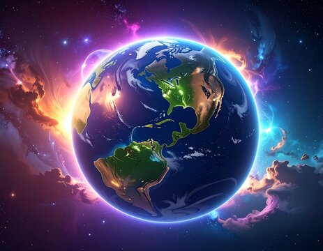 A glowing Earth in space, surrounded by vibrant nebulae