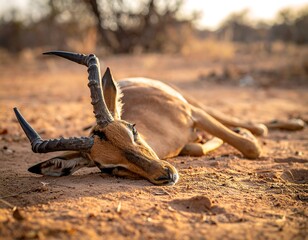 Obraz premium A lone impala lies motionless on dry earth, lit by golden sunlight