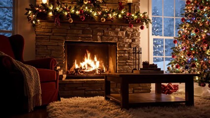 Christmas Living Room with Fireplace - Cozy Christmas living room scene featuring a stone fireplace with a roaring fire, decorated mantle, lit Christmas tree, and a red armchair with a throw blanket.