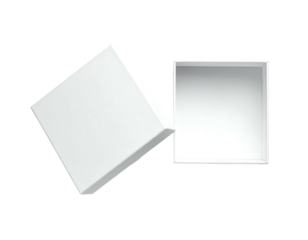 Two white boxes, one tilted, the other flat, with gradient lighting, floating on a transparent background