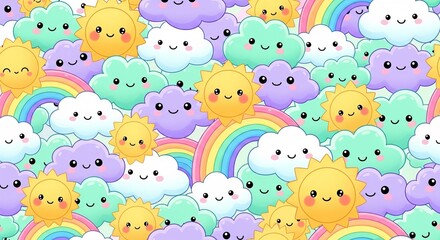 Cute Kawaii Sun Clouds and Rainbows Seamless Pattern.