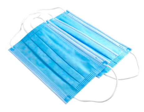 Three light blue surgical masks with white elastics are stacked on a dark background