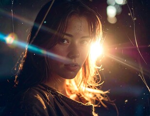 A woman with light shining on her face and lens flares