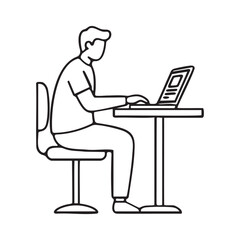 Man sitting at a table working on a laptop computer outline illustration