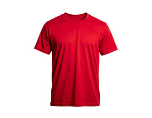 Red t-shirt isolated on black background, simple short sleeves and round collar, minimal shadows, vibrant and clean