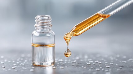 Close up Macro Of Golden Oil Droplet Falling From Pipette Into Small Clear Glass Vial With Water Droplets On Textured Gray Background