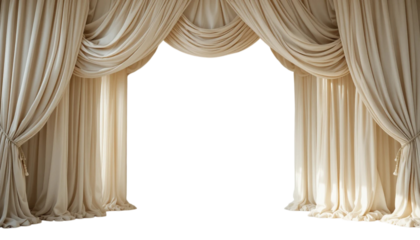 Elegant white draped swag curtains with a transparent background. Curtain with a white background