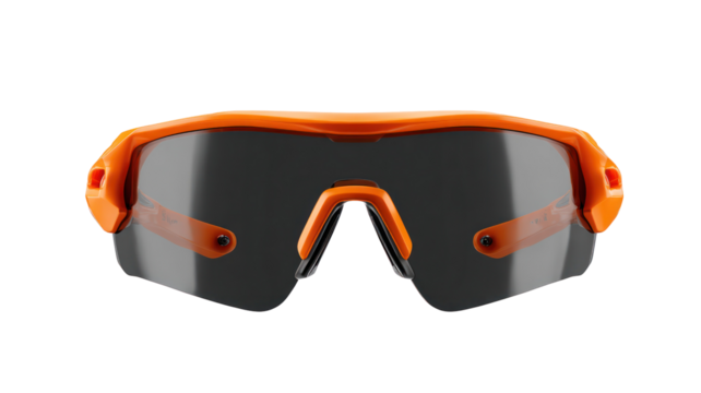 Bright orange sports sunglasses with dark lenses isolated on transparent background