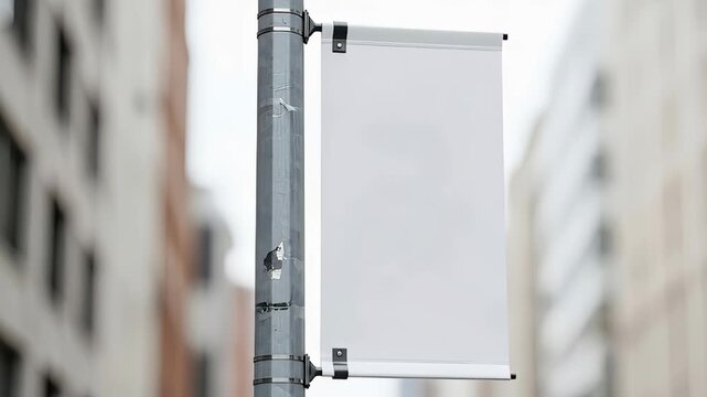 Vertical blank white banner mounted on metal street pole against blurred city background