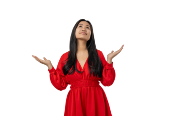 Woman looks up, joyfully excited, isolated on white, PNG