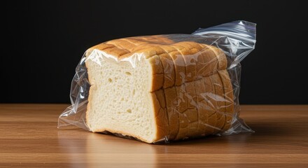 A tightly sealed clear plastic bag filled with soft white sliced bread sitting on a simple wooden surface ready for making sandwiches or toast for breakfast ,bulk ,preparation ,commercial