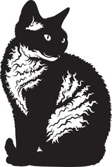 Silhouette of a fluffy black cat with white markings sitting alertly looking to the side rendered as a striking graphic.