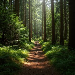 Obraz premium A tranquil hiking path cuts through a lush, dense evergreen forestry park, highlighted by natural dappled sunlight filtering through the tall canopy above ,lush ,wilderness ,explore