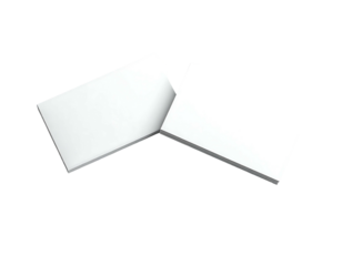 Two white, rectangular forms overlap slightly against a stark black backdrop, creating a minimalist, geometric composition