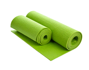 Two lime green yoga mats, one rolled fully, one partially, on a black background, with soft lighting