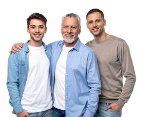 Three men of different ages stand smiling, the older man in the center, one son on each side