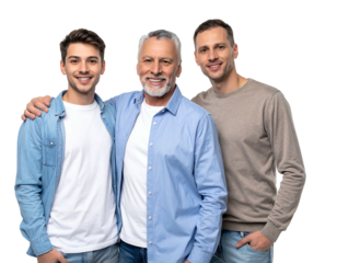Three men of different ages stand smiling, the older man in the center, one son on each side