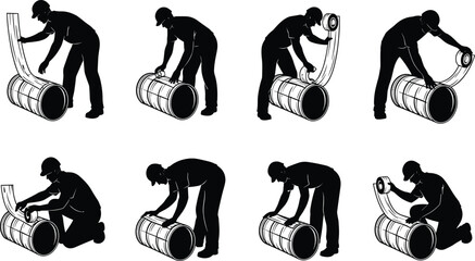 Helmeted worker taping barrel, sealing process, industrial safety, container wrap, posture variation, manual task, shipping prep, tape application, sequence, illustration