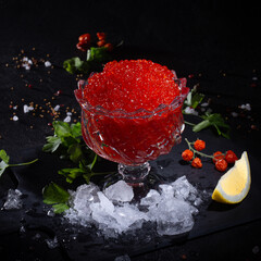 Fresh Red Caviar in Rosette Bowl on Ice