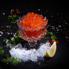 Fresh Red Caviar in Rosette Bowl on Ice