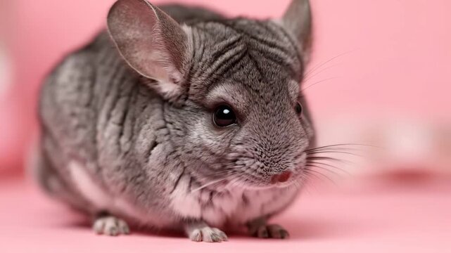 Adorable Gray Chinchilla on Pink Background - A close-up shot of a cute gray chinchilla is featured against a soft pink backdrop, highlighting its soft fur and adorable features.