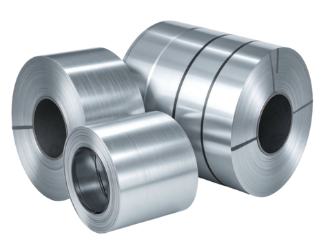 Three metallic coils of varying sizes, showcasing shiny, reflective surfaces with subtle light and shadow play