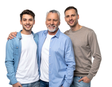 Three men of different ages stand smiling, the older man in the center, one son on each side