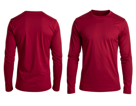 Two long-sleeved burgundy shirts displayed on black background, front & back view. Solid color apparel for layering