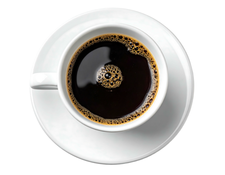 Overhead view of a cup of black coffee with bubbles on a white saucer against a dark background