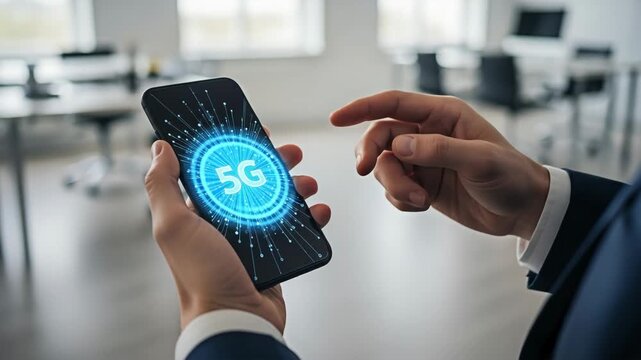 A person's hands operating a phone with a 5G network concept.