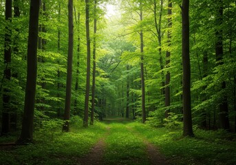 Fototapeta premium Tranquil and dense woodland ecosystem stretching across the landscape, displaying a multitude of vibrant green trees and natural growth ,beauty ,outdoors ,wide