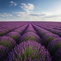 Fototapeta premium Vast purple field of blooming lavender flowers under the warm summer sun, stretching toward the distant horizon under a bright sky ,horizontal ,natural ,lavender