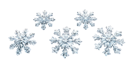 Five delicate ice crystal snowflakes isolated on transparent background