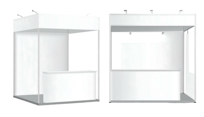 Two white trade show booths are isolated against a black background in a minimalist, clean digital rendering