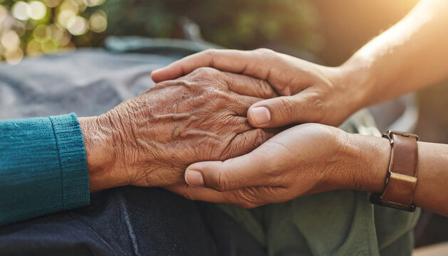 Close-up texture detail of an adult child gently comforting their older parent by tenderly clasping their resting hands together.