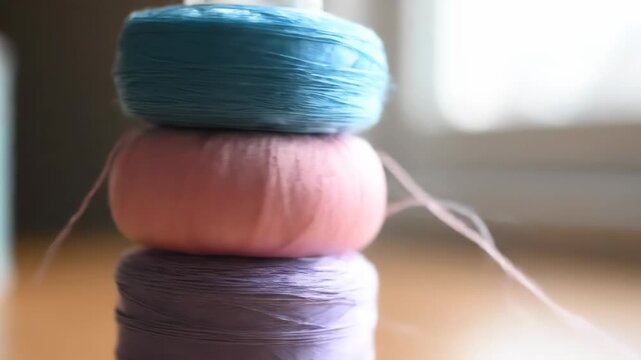 Stack of pastel thread spools for crafting and sewing projects at home, thread rolls