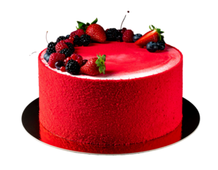 Red velvet cake adorned with fresh berries on a silver platter against a black background