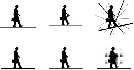 Silhouette of construction worker, hard hat, briefcase, transformation stages, stress impact, digital disruption, walking sequence, urban job, mental strain, evolution