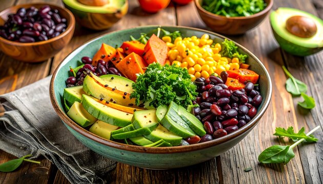 A vibrant, healthy bowl filled with assorted fresh vegetables and beans
