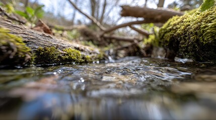 Serene stream scene with healing effect, soft light and water texture for meditation and stress relief