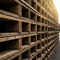 Close-up view of weathered wooden shipping pallets stacked high, featuring strong foreground focus and atmospheric background bokeh ,aged ,timber ,field