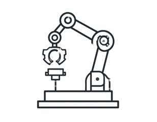 Robotic arm, white line art, grasping a white object on black. Simple illustration of industrial automation