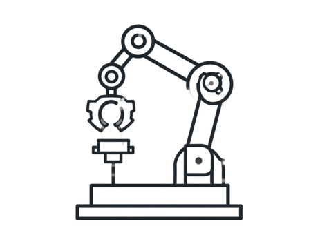 Robotic arm, white line art, grasping a white object on black. Simple illustration of industrial automation - Powered by Adobe