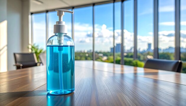 Hand sanitizer bottle sits on a table with an office and city view in the background - Powered by Adobe